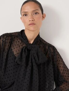 Fossill Sheer Swiss Polka Dot Tie-Neck Blouse - Black